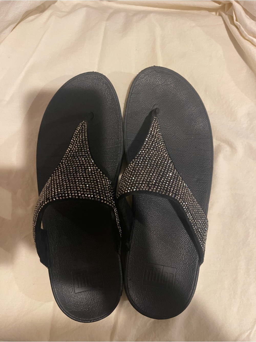 FitFlop Crystal Embellished Toe-Post Sandals | Black | Size 9